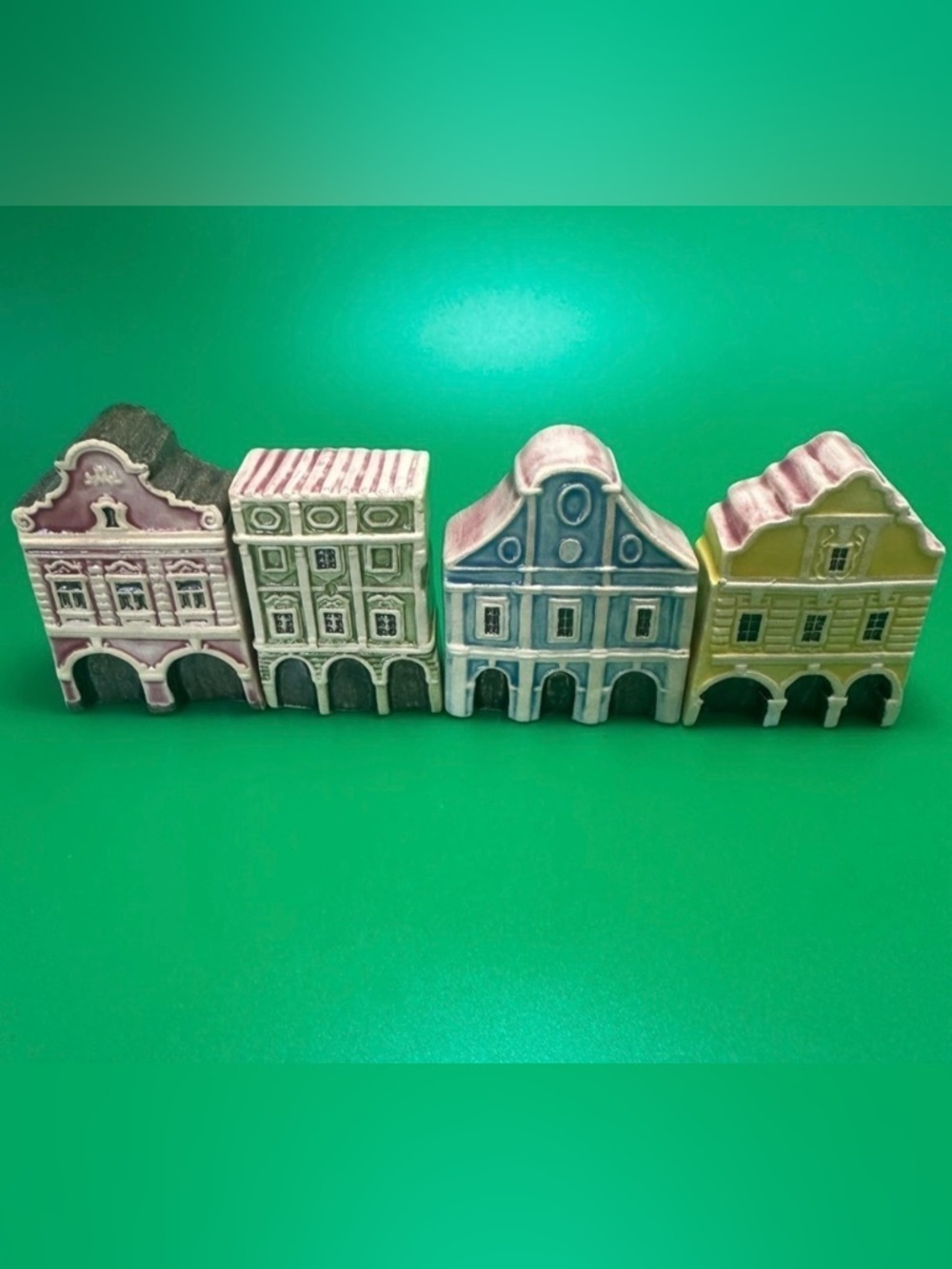 Set of 4 Miniature Handmade European Ceramic Houses – Signed Pottery Figurines